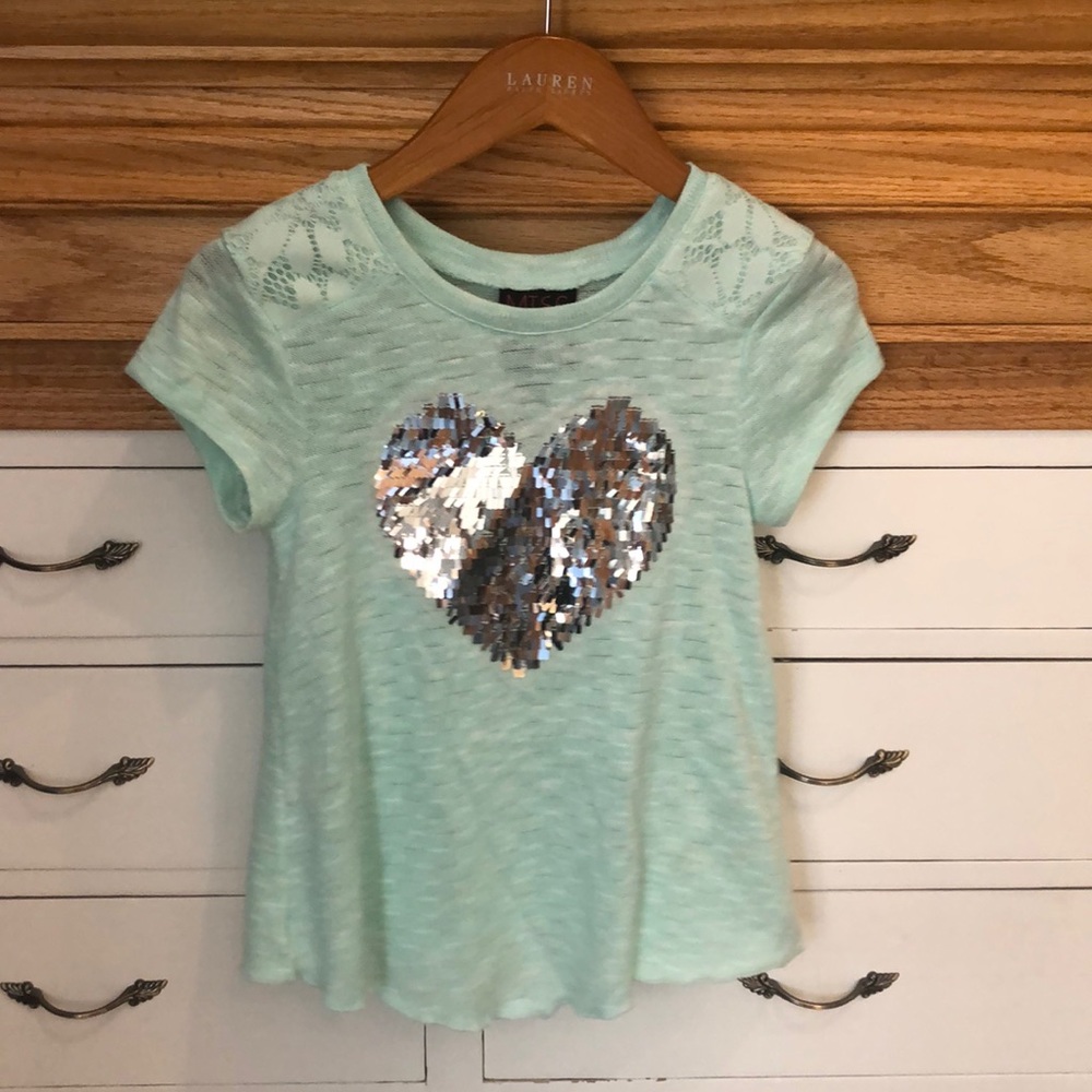 Girls teal sequin heart tee